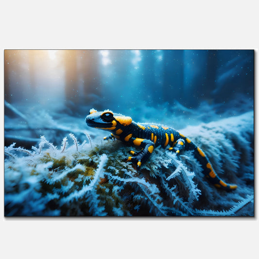 A striking fire salamander with vibrant yellow and black markings traverses a snowy landscape, with delicate ice crystals forming on the surrounding foliage and a mystical backdrop of soft light filtering through a wintry forest.