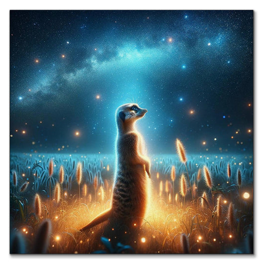 A solitary meerkat stands in a field of tall grasses, illuminated by a warm, golden glow, looking up with wonder at a starry night sky, where the Milky Way stretches across the celestial sphere.