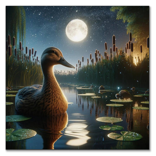 An elegant duck serenely floating on a pond under a starry night sky, with the full moon's reflection rippling in the water amidst lily pads, and tall reeds rising in the background, creating a peaceful nocturnal scene.