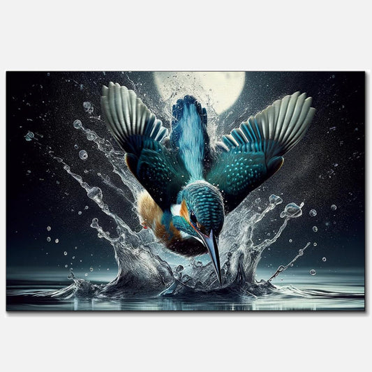 Stunning capture of a kingfisher bird mid-dive, bursting through the surface of water against a full moon backdrop, with water droplets suspended in air, showcasing dynamic motion and natural beauty.