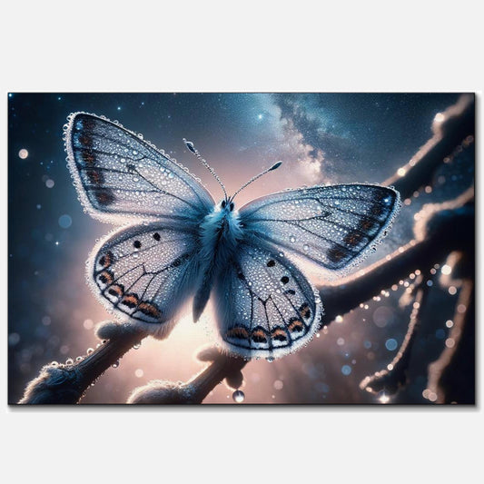 A stunning image of a blue butterfly with wings outstretched, covered in sparkling dewdrops, hovering above a branch against a mesmerizing cosmic backdrop with stars and a galaxy's glow illuminating the night sky.