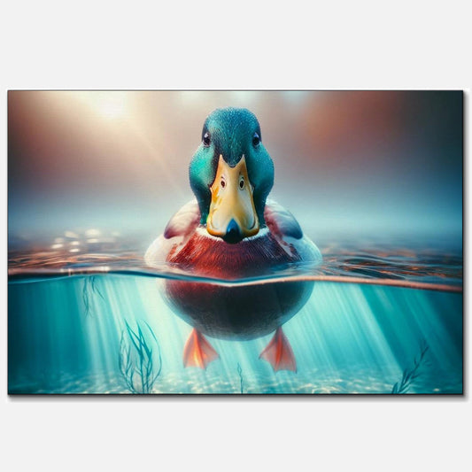 Up-close view of a colorful mallard duck floating on the water, with a split-level perspective showing its vibrant plumage above and orange webbed feet paddling below the surface, over a bed of smooth river stones.