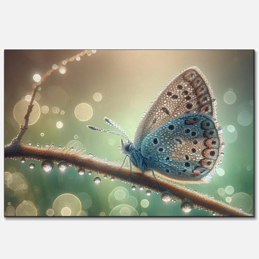 Close-up of a delicate blue butterfly with wings covered in dew drops, perched elegantly on a twig against a bokeh background of light circles in a dreamy morning setting.
