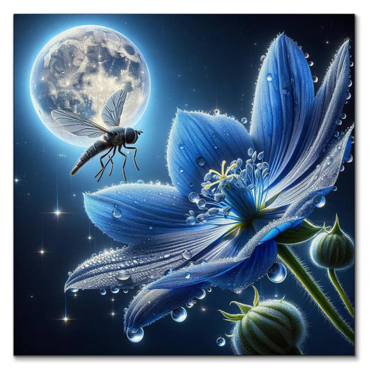 Digital art of a vibrant blue flower with delicate droplets of water on its petals, accompanied by a hovering insect, against the backdrop of a luminous full moon and twinkling stars in a clear night sky.