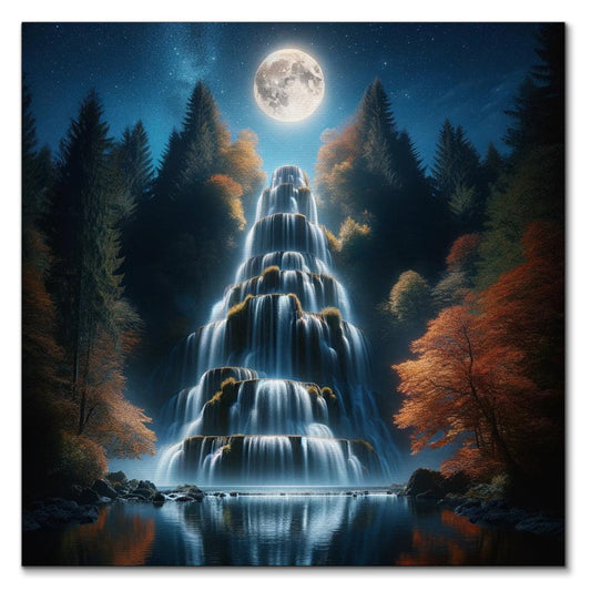 A majestic night-time landscape featuring a towering, multi-tiered waterfall illuminated by a full moon, with lush autumnal trees under a starry sky.