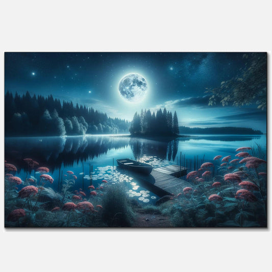 A peaceful night scene at a tranquil lake with a full moon hanging low in the sky, reflecting on the water's surface surrounded by lush forests and pink wildflowers, with a lone boat resting on a wooden dock under a starry sky.