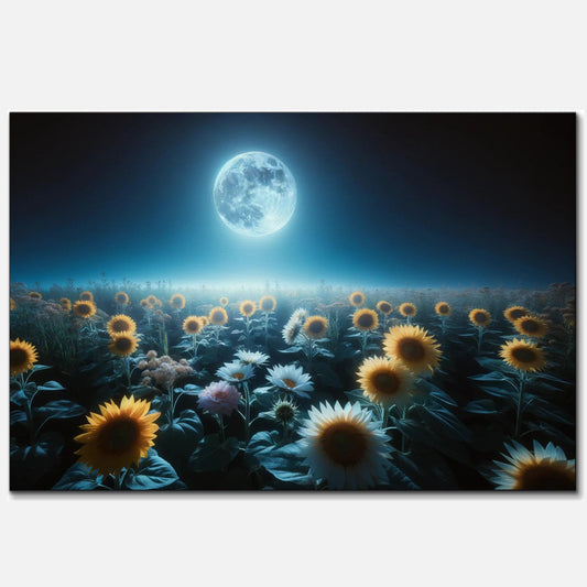 A serene wide-angle view of a sunflower field at night with the full moon casting a radiant glow over the flowers, highlighting their vibrant yellow hues against a backdrop of a star-filled dark blue sky.