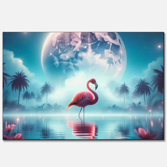 A single vibrant pink flamingo stands gracefully in calm waters with a massive full moon rising behind, reflecting on the surface amidst tropical palm silhouettes and soft mist, under a starry sky.