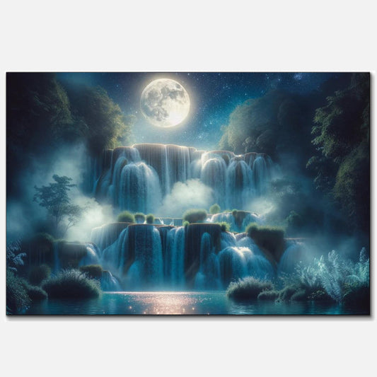 Enchanting nighttime scene of a vast waterfall system basking in the glow of a full moon, with shimmering reflections on a serene lake, surrounded by dense, misty forests under a starlit sky.