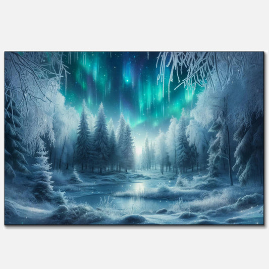 A breathtaking winter scene of a snow-covered forest under the vibrant colors of the Aurora Borealis, with glistening ice on the branches and a tranquil frozen river reflecting the celestial dance of lights in the night sky.