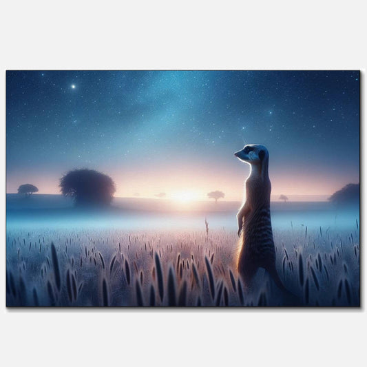 A lone meerkat standing on alert in a tranquil savanna under a sparkling night sky with the Milky Way visible, as dawn approaches on the horizon.