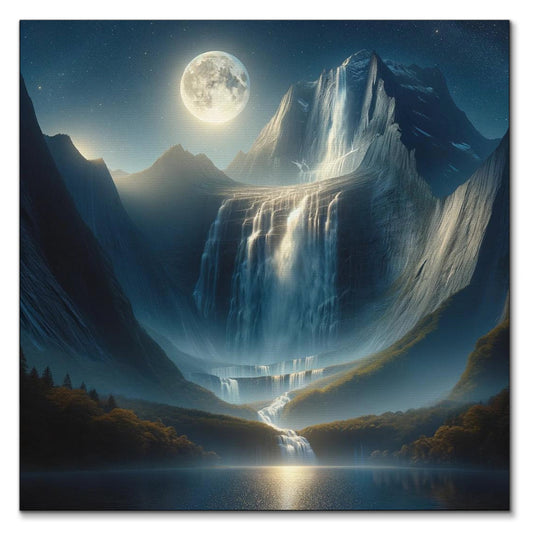 Spectacular night scene of a grand waterfall flowing from a towering mountain peak under a full moon, with its reflection shimmering on the tranquil lake below amidst a landscape softly lit by starlight.