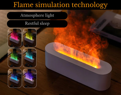 White aroma diffuser with simulated fireplace in warm colors.