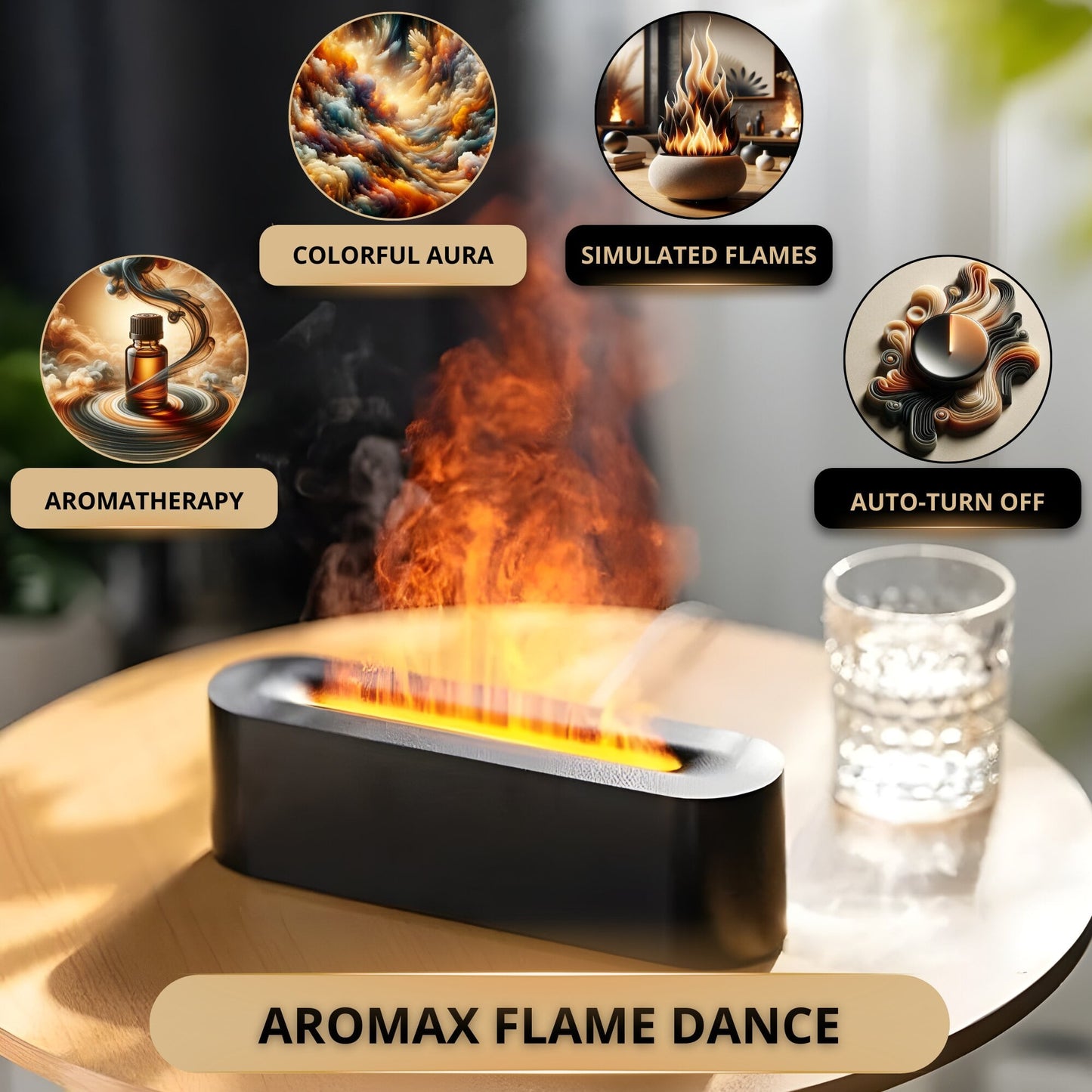 Black aroma humidifier with flame simulation in warm color on a brown circle table showcasing the benefits of aromatherapy.