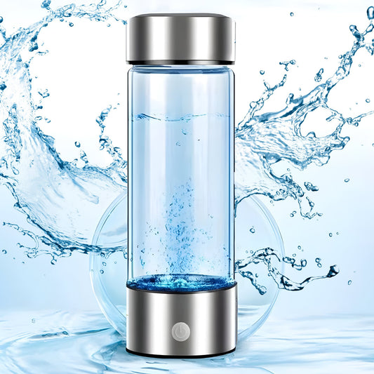 Hydrogen water bottle with dynamic water splash on blue background.